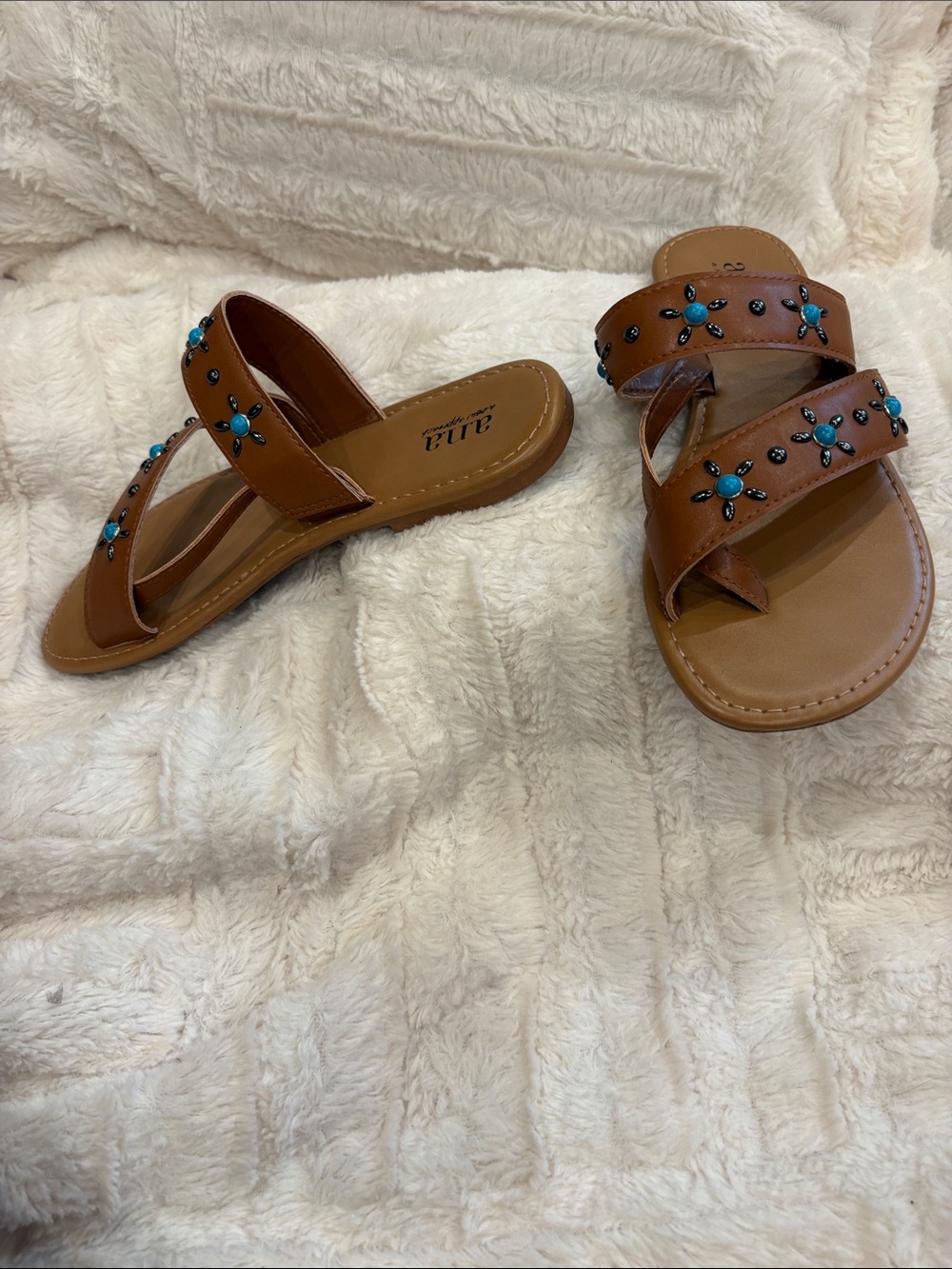 Aldo Tan Slide Sandals with Turquoise Bead Accents